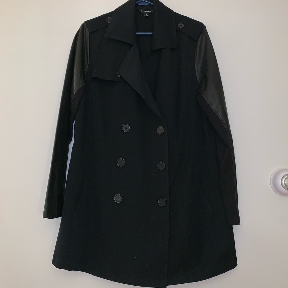 Black Peacoat Jacket with Pleather Sleeves